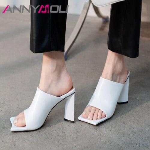 ANNYMOLI Slippers Shoes Women Real Leather Sandals Super High Heel Slides Square Toe Chunky Heel Ladies Footwear Summer White 40