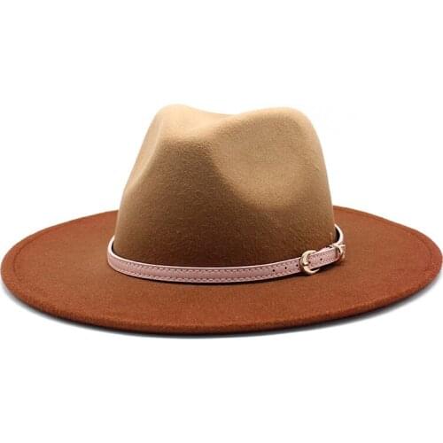 New Newly 2-color gradient Men Wool Jazz Fedora Hat With Leather Ribbon Gentleman Elegant Wide Brim Church Panama Formal Cap