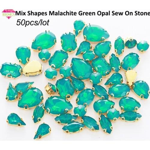 RESEN 50PCS Mix Shapes Malachite Green Opal Rhinestones With Gold Bottom Claw Flatback Stones DIY Clothing Accessories