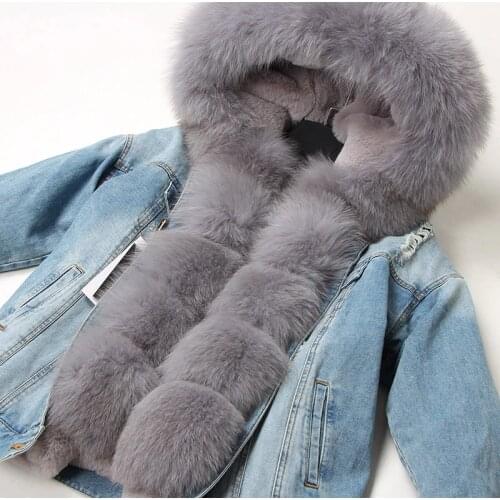 Maomaokong Faux fur lined denim jacket fox fur coat coat fashion denim fox fur warm lady winter jacket women parka