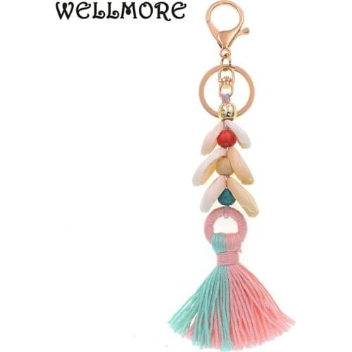 WELLMORE Bohemia shell key chains for wommen handmade long tassel alloy Key Chains Girl Bag Key chain fashion jewelry wholesale