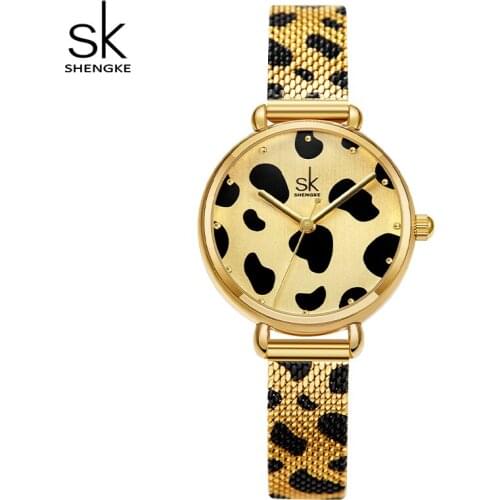 Shengke Women Watch Japan Quartz Fashion Leopard Ladies Casual Watches Golden & Silver Stainless Steel Mesh Band Female Clock
