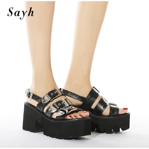 Women Summer Leather Sandals Punk Rome Peep Toe Platform High-Heel Buckle Slinbacks Shoes Size Plus