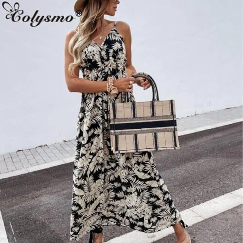 Colysmo Print Beach Dress V Neck Spaghetti Strap Backless High Waist Casual Sexy Robe Long Dress Summer Dress for Women 2021