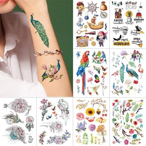 1 piece Cartoon pirate king Waterproof temporary tattoo stickers Peacock flamingo Small tattoo Flower plant body art fake tattoo