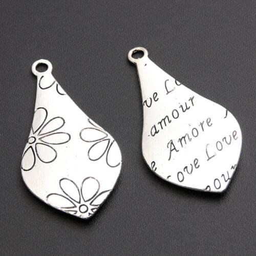 15pcs Wholesale DIY Silver Color 21x39mm Alloy Lovely Words Flower Pendant Charms Accessories A1177