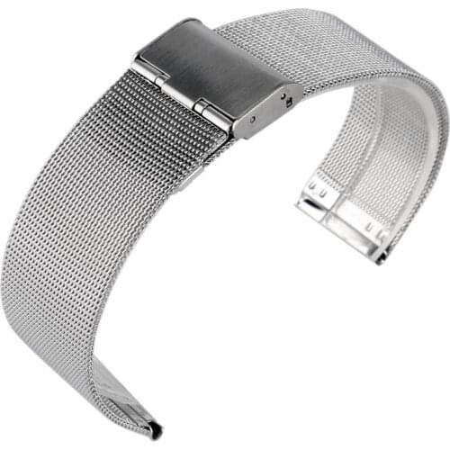 20mm Silver Stainless Steel Mesh Bracelet Hook Buckle Wrist Band Watch Strap Replacement Solid Link Men Watchband+2 Spring Bars