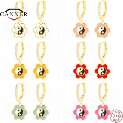 CANNER S925 Sterling Silver Color Petal Yin Yang Bagua Hoop Earrings for Women Piercing Cartilage Huggie Earring Fine Jewelry