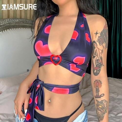 IAMSURE Printed Bandage Halter Top Sexy Slim Low Cut Bustier Sleeveless Crop Top Beach Style Holiday Tank Tops Women 2021 Casual