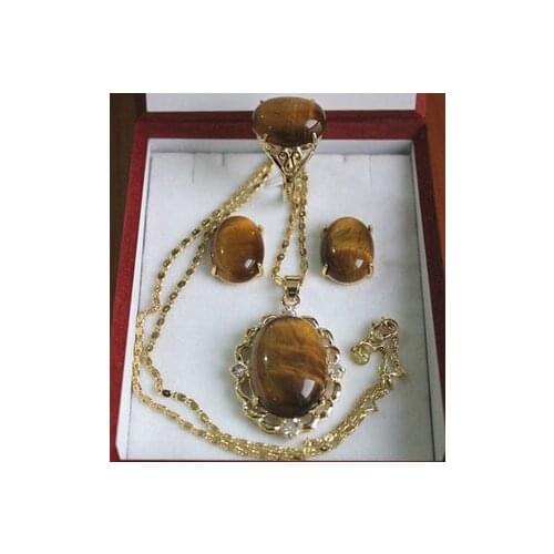 Free shipping 508 Fashion 13*18mm Tiger Eye Stone Ring Earrings Pendant Jewelry Set