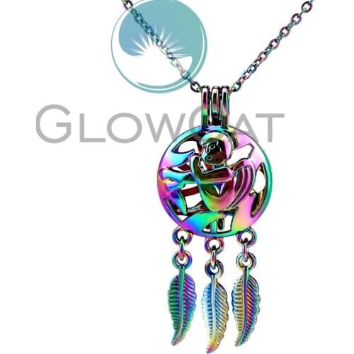 CC824 Rainbow Dream Catcher Feather Angela Beads Cage Pendant Essential Oil Diffuser Aroma Pearl Cage Locket Necklace