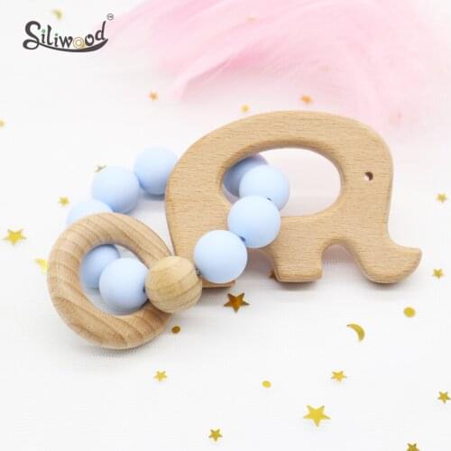 Cartoon Wooden Teether Baby Bracelet Teething Toys For Organic Wood Silicone Beads Baby Rattle Stroller Accessories Toy BPA Free