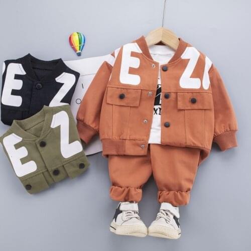 Children Clothes Baby Boys Set Kids Fashion Letter Coat+Top+Pants 3 Piece Toddler Sport Suit Autumn Spring For 0 1 2 3 4 5 Years