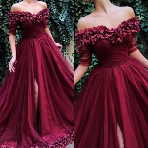 Elegant Dark Red Prom Dresses 2019 Off Shoulder Handmade Rose Flower Petals Tulle Evening Dresses Special Occasions Party Gowns