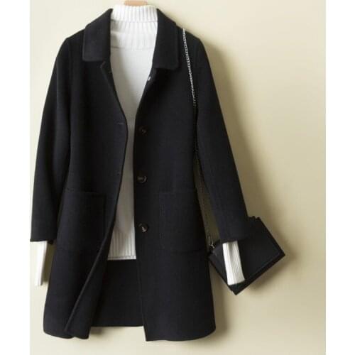 Korean Peter Pan Collar Straight Soft Womens Woolen Coats Long Sleeve Single Breasted Pockets Solid Female Medium Length Coats