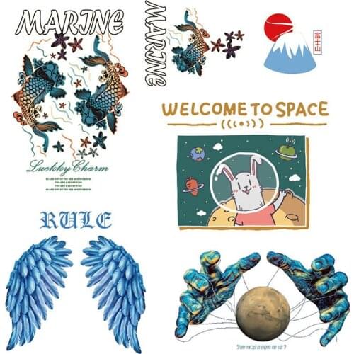 Space stati, Earth manipulator,blue wings heat transfer Mount Fuji, Japan iron heating DIY decorative T-shirt cartoon stickers