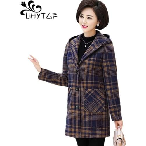 UHYTGF Fashion womens spring autumn jacket lattice loose 5XL plus size woolen coat Korean Casual Hooded wool outerwear tide 306