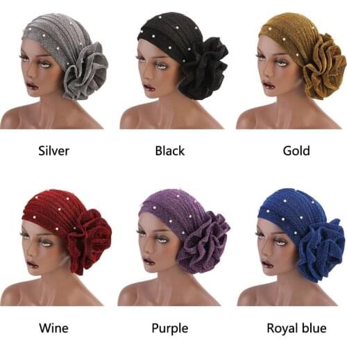 Fashion Women Hair Caps Muslim Beaded Glitter Turban India Cap Big Flower Headband Hair Lose Head Wraps Styling Accessories