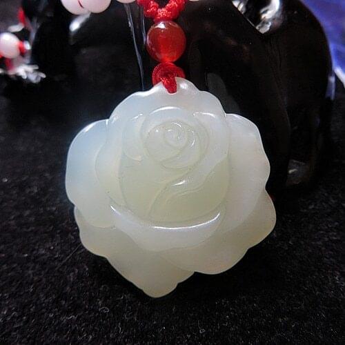 Natural White Jade Rose Pendant Jadeite Flower Necklace Charm Jewellery Fashion Accessories Hand-Carved Man Luck Amulet Gifts