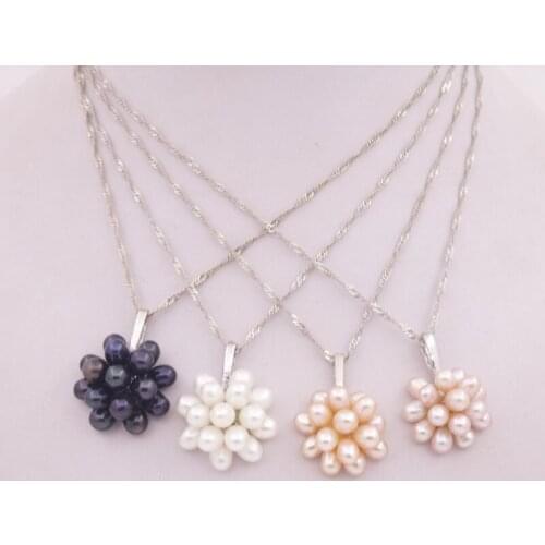 20mm Real Pearl Pendant Flower White Pink Purple Black Chain 17" Jewelry Choose color