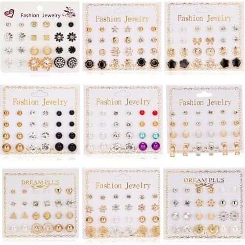 Transparent Color Mixed Color Round Zircon Card Earrings Colorful Shiny Female Women Girl Fashion Gift Earrings Jewelry 12 Pairs