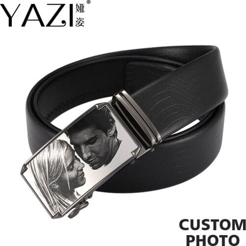YAZI DIY Custom Photo Belt Cow Leather Adult Belts Brand Fashion Automatic Buckle Black Genuine Leather Luxury Girdles for Men