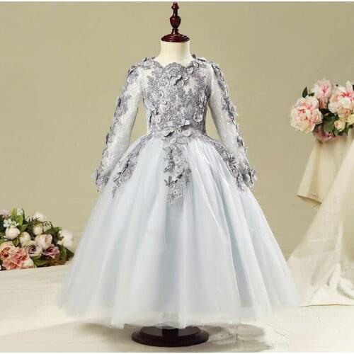 Gray Tulle Baby Girl Dress Long Sleeve Beads Baby Girl Christening Gown Newborn Baptism 1 st Birthday Girl Party Dresses