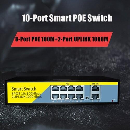 52V 8-Port POE 100Mbps Switch Ethernet With 2-Port Uplink 1000M EEE 802.3 af/at for IP Camera/CCTV Security Camera /Wireless AP