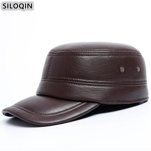 SILOQIN New Genuine Leather Hat Autumn Winter Mens Warm Sheepskin Military Hats For Men Adjustable Size Flat Caps With Ears