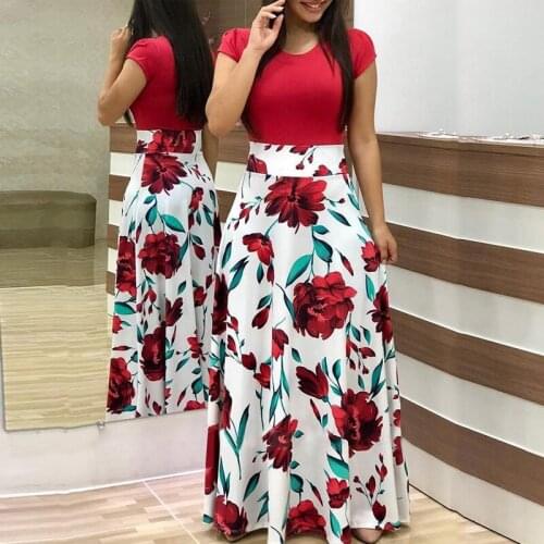 Vintage Floral Print Long Dress Women Summer New Casual O Neck Short Sleeve Robe Elegant Ladies Tunic Maxi Dress Plus Size S-5XL