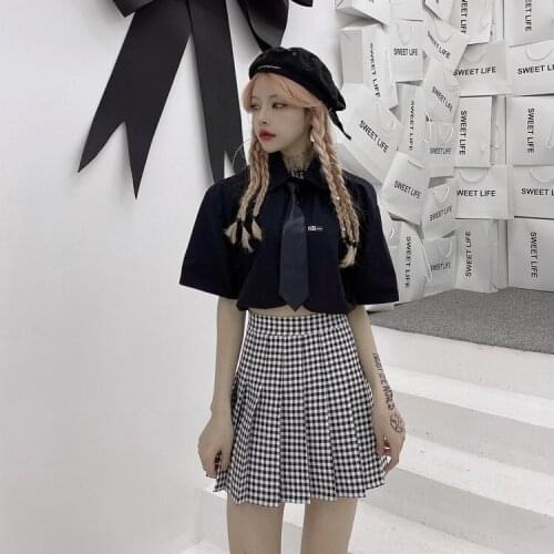 Summer new Korean style high waist plaid pleated A-line bag hip anti-glare short skirt women