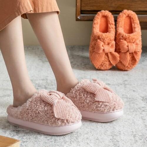 Woman Home Cotton Slippers Winter Thick-Soled with Pine Cake Shallow Waterproof Platform Plush Warm Bow Baotou Moon Mum Shoes