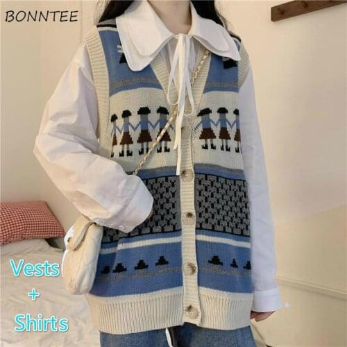 Women Sets Loose Kawaii Solid White Shirts Peter Pan Collar Bow Knitted Vests Students Harajuku Sweaters New Autumn 2 Piece Chic