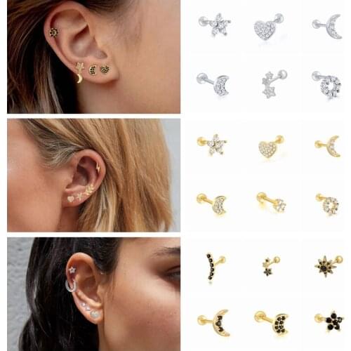 CANNER Stud Earrings 925 Sterling Silver Small Earrings For Women Teen Minimalist Moon Star Cartilage Ear Buckle Piercing Aretes