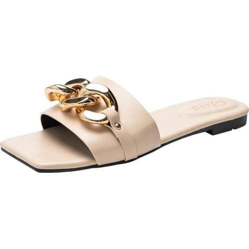 2021 Hot Sale Womens Slippers Golden Chain Lady Sandals Classic Square Toe Summer Shoes Plus Size 42 Pu Leather Flip Flops New