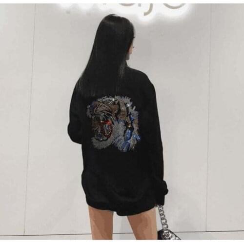 Women Hoodies Rhinestones Warm Thicken Pullovers Hip Hop Loose Solid Female Sweatshirts