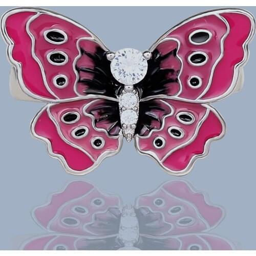 2021 New Hot Sale 925 Silver Womens Ring Butterfly Ring Pink Epoxy Womens Jewelry Wedding Bridal Ring Handmade Enamel Ring