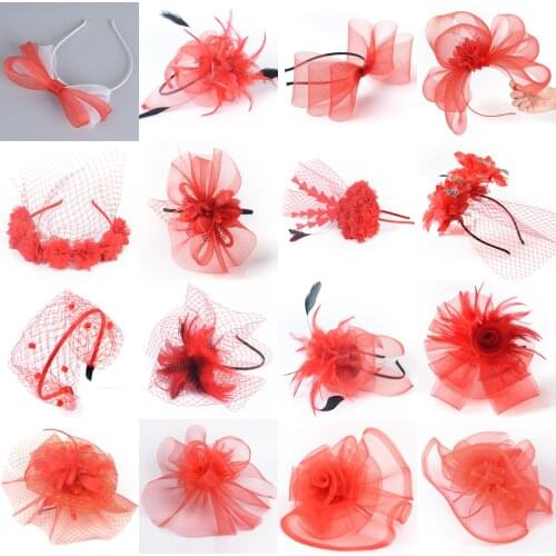 14design Handmade Red Fascinator Flowers Feathers Church Veils Hair Band Headbands Cocktail Weddings Party Women Hairpiece