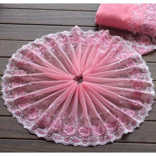 Free shipping 2yards/lot 8.67 Inches Wide Embroidered Tulle Lace trim mesh lace trim~pink~lovely~High Quality