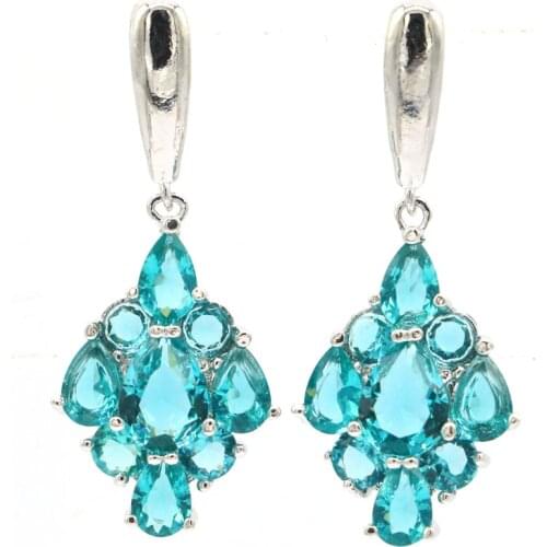 37x19mm Gorgeous Created Pink Morganite London Blue Topaz CZ For Sister Daily Wear Silver Earrings