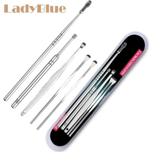 5pcs/set Portable Spiral Ear Pick Wax Removal Stainless Steel Curette Cleaner Health Ear Care Stick Tools