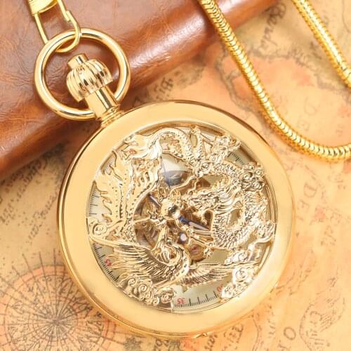 Royal Golden Automatic Mechanical Hollow Pocket Watch Men Chic Dragon Phoenix Design Classic Numerals Dial Necklace Womens Gift