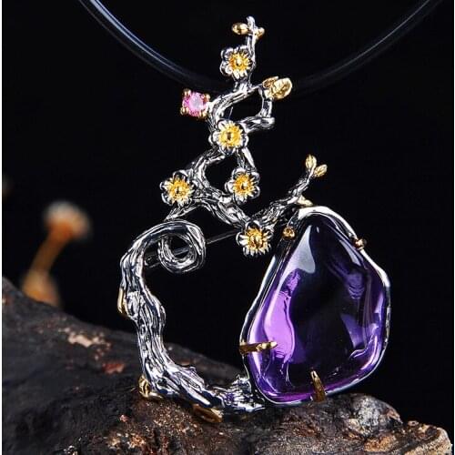European And American Pendant And Brooch Dual-use Creative Plum Amethyst S925 Sterling Silver Inlaid Gemstone Jewelry