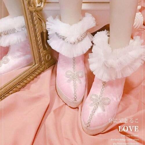 French girl velvet powder butterfly with womens shoes pointed high shoes winter lace Bowknot Princess Kawaii Girl Women Shoes