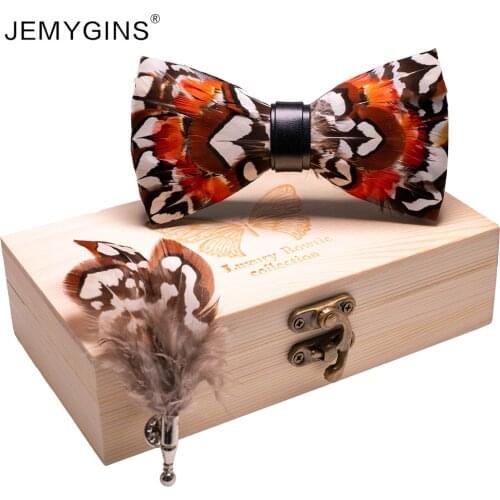 JEMYGINS original design fashion Mens bow tie red feather bowtie leather bow tie gift box set wedding party accessories gift