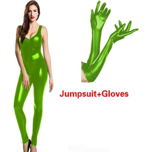 Handmade Sleeveless Rubber Round Neck Front zipper Bodysuit +Gloves 2021 new PU jumpsuit Club halloween rompers Large size S~7XL