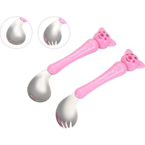 2 Pcs Baby Spoon Fork Set Safety Stainless Steel Children Feeding Cutlery Utensil Cartoon Toddler Infant Dinnerware