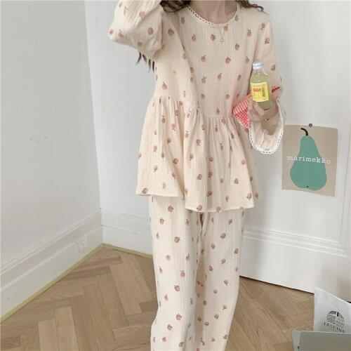 100% cotton gauze home clothes for women new autumn winter pajama set loose sleepwear female homewear pullovers pants 2Pcs L453