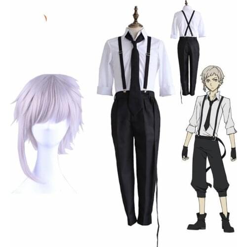 Anime Bungo Stray Dogs Atsushi Nakajima Cosplay Costumes Wigs Shirts Pants Tie Gloves Set