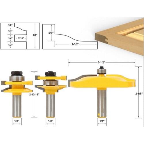 HOEN 1pcs 1/2" Shank 3 Bit Raised Panel Cabinet Door Router Bit Set Woodworking Milling Cutter Tools Knife Solid Hardened Steel